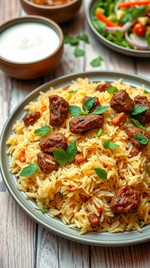 Delicious Beef Yakhni Pulao served with mint garnish, raita, and salad on a rustic table.